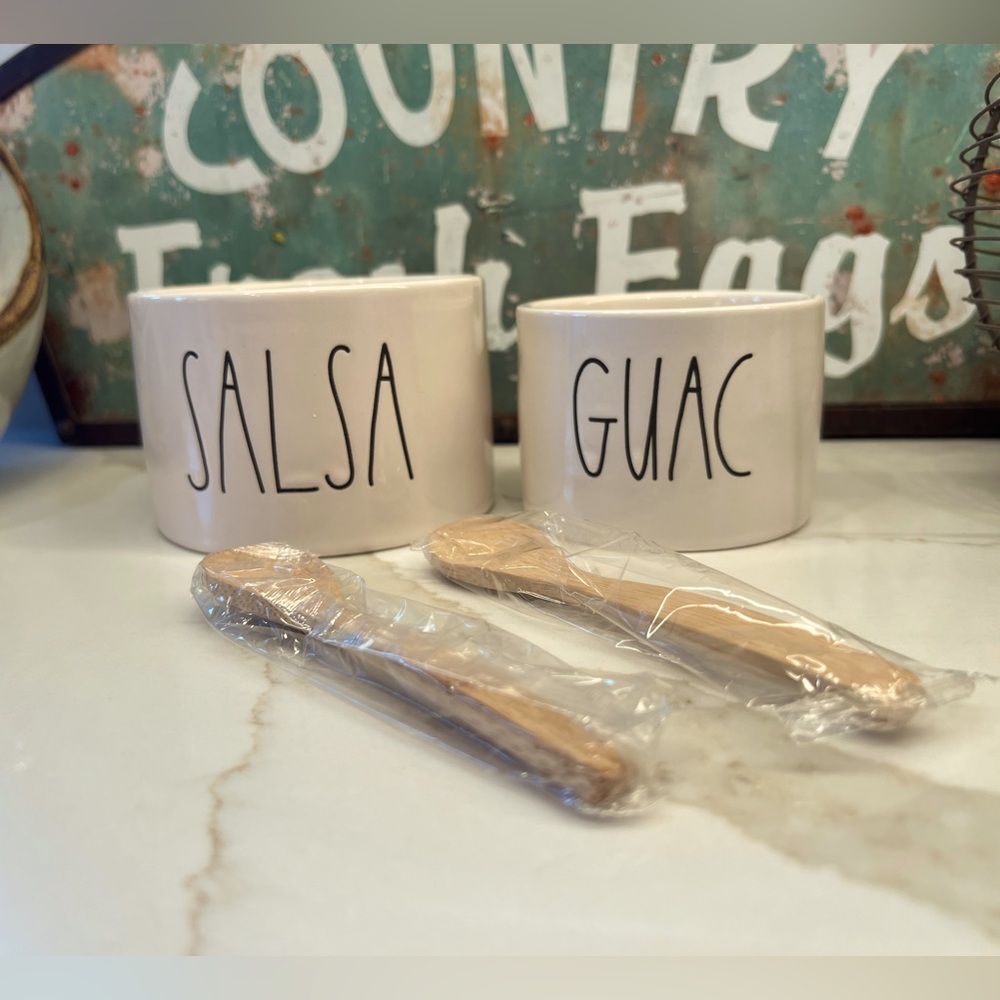 NIB Rae Dunn Magenta Stoneware SALSA + GUAC Serving Set With Wooden Spreaders